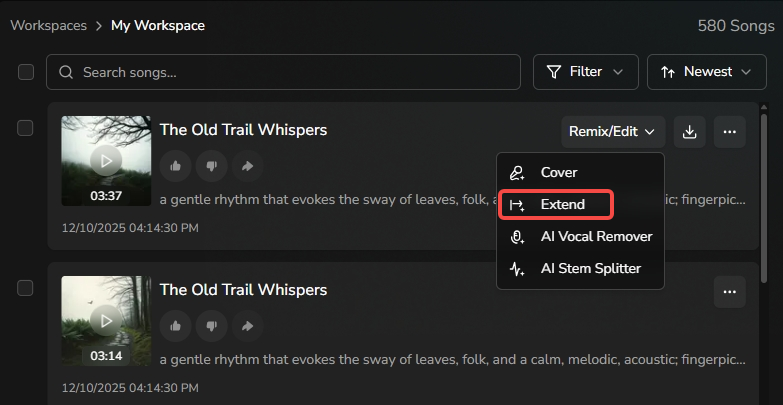 Choose the song to extend